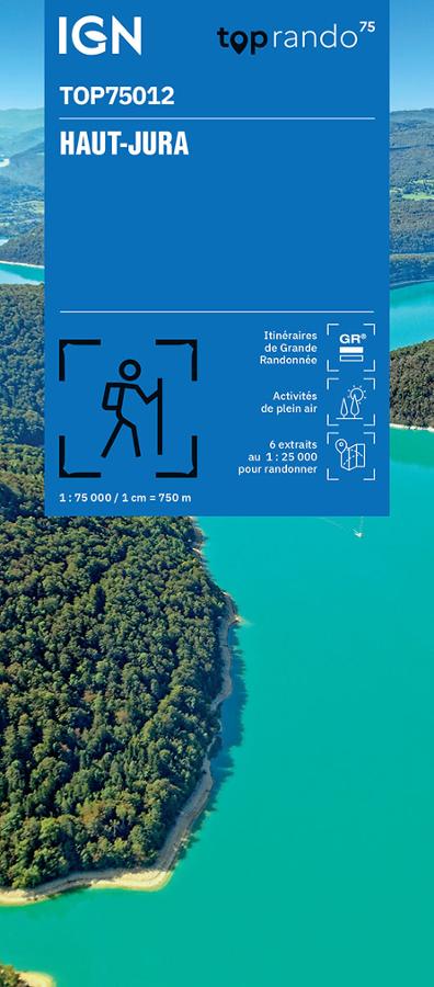 Carte IGN top 75 Tourisme et Randonnée, itinéraires de randonnées cyclo-pédestre-routière dans le Haut-Jura au 1/75 000 compatible système GPS. Edition 2025