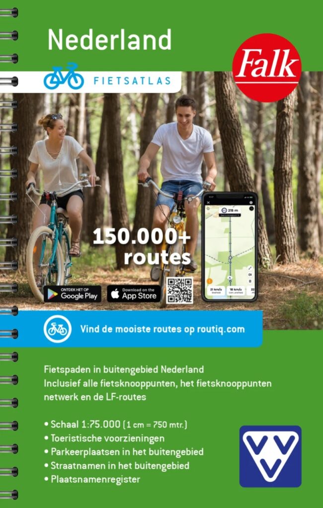 Atlas pratique vélo des Pays-Bas avec cartes au 1/75 000 de l'ensemble du réseau cyclable hollandais et réseau de noeuds.