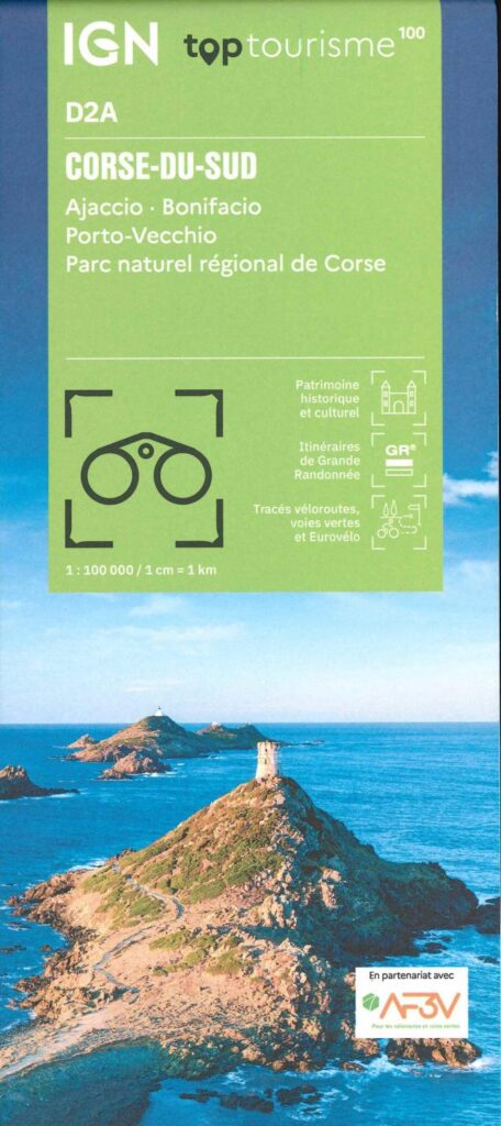 Discover the Southern Corsica with this IGN top100 map. You'll find points of tourist interest, cycle routes, greenways, GRs and roads.