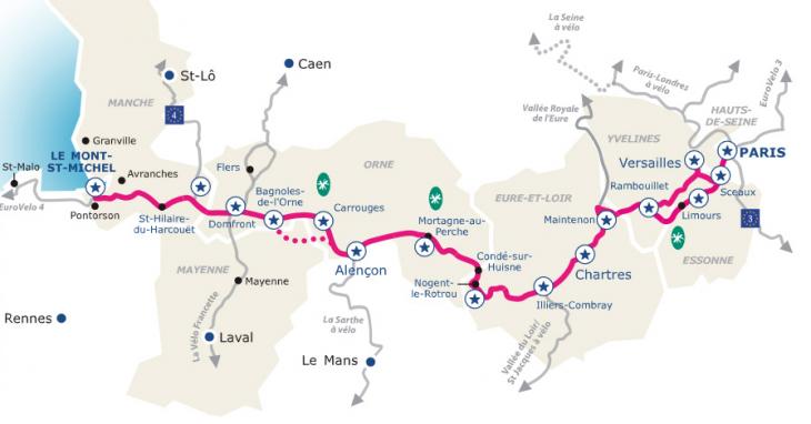 Veloscenie map showing the cycling route from Paris to Mont-Saint-Michel with main stages and dedicated cycle paths.
