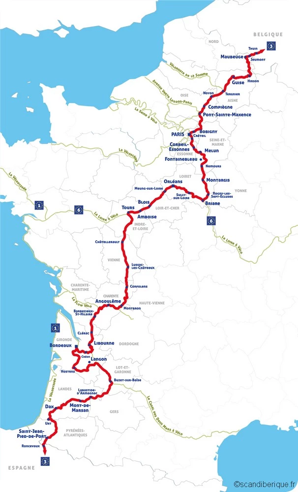 Map of the Scandibérique cycling route, the French section of EuroVelo 3, also known as the Pilgrims Route. This itinerary crosses France from north to south, from the Belgian border to the Spanish border, covering over 1,700 km. The map shows the main stages of the route, passing through major cities like Paris, Bordeaux, and Bayonne, as well as many picturesque villages and natural landscapes. A perfect visual tool for planning a cycling adventure on the Scandibérique.
