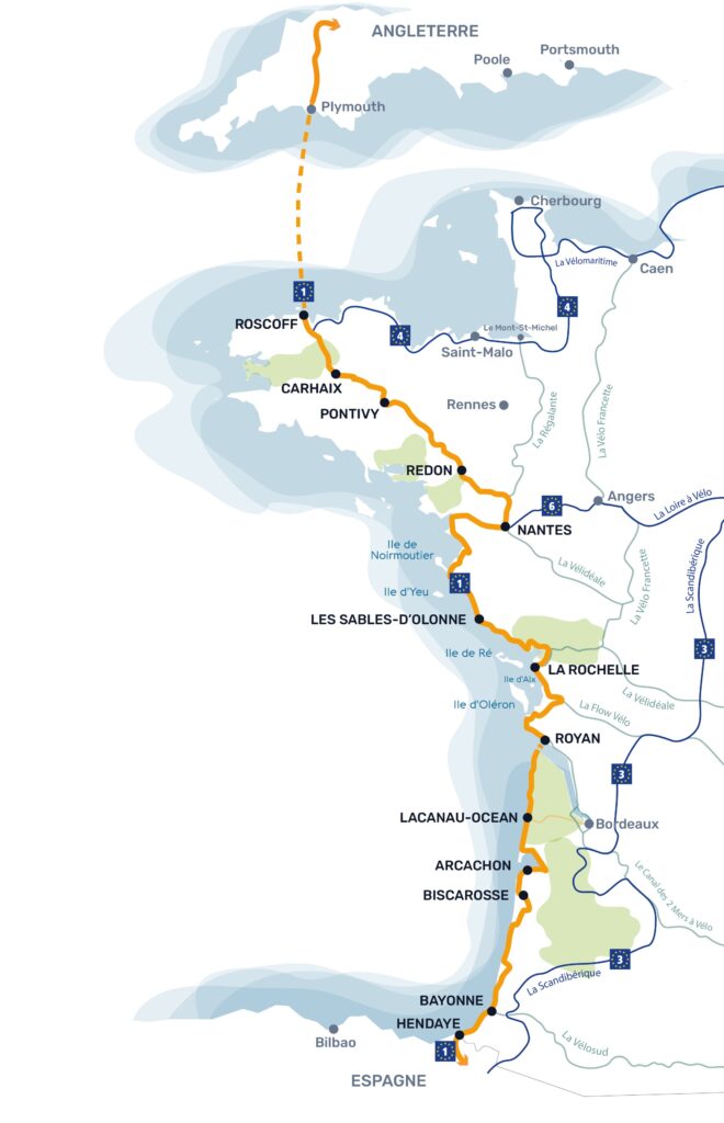 Carte de la Vélodyssée, l’itinéraire à vélo de 1200 km entre Roscoff et Hendaye, avec les principales étapes et les villes traversées le long de la côte Atlantique.
