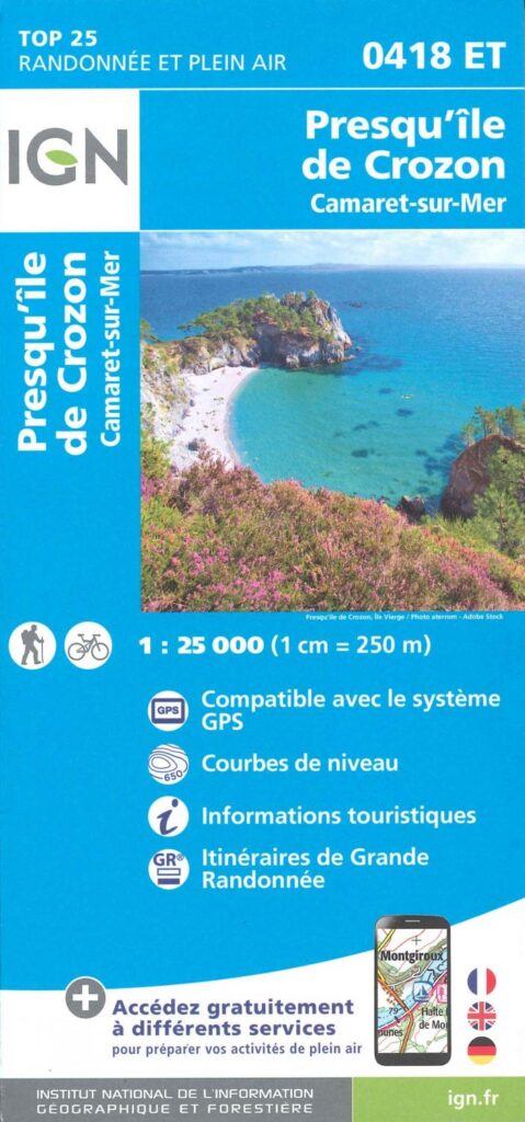 Carte IGN 0418 ET au 1/25 000 de randonnée et plein air sur la Presqu'île de Crozon et Camaret-sur-Mer avec itinéraires de Grande randonnée.