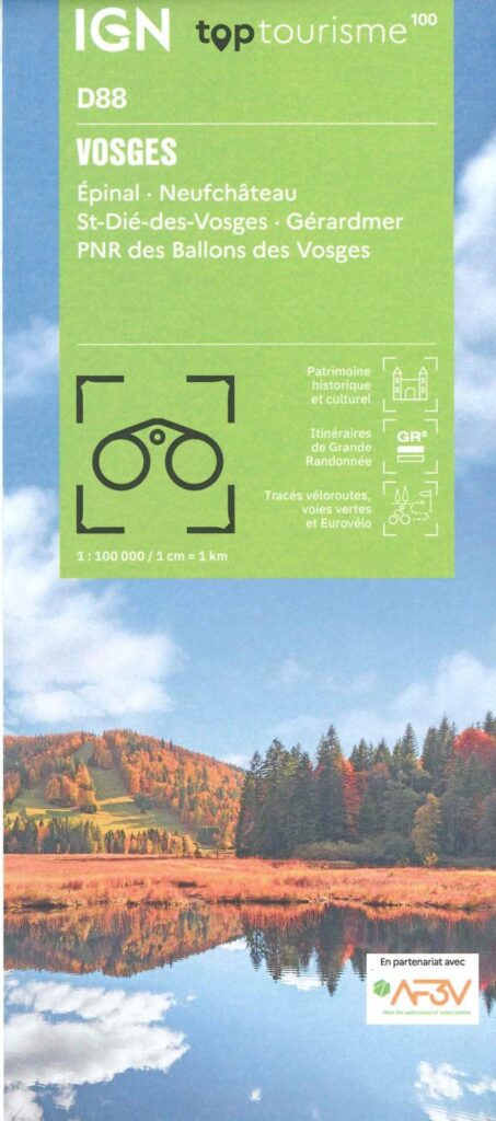 Découvrez les Vosges avec cette carte top100. Retrouvez les points d'intérêts, les véloroutes, voies vertes, GR et voies routières.