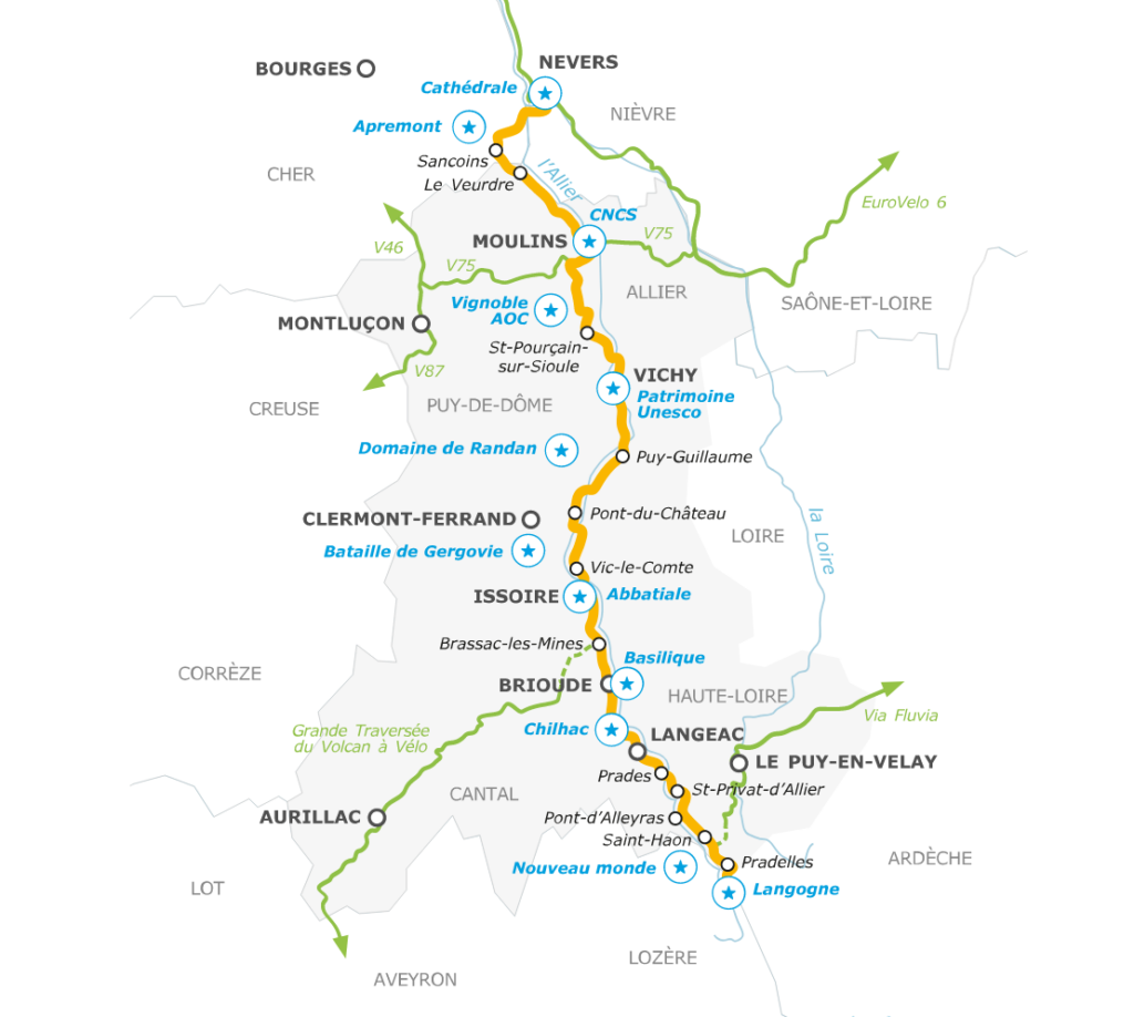 Via Allier map showing the cycling route from Nevers to Brioude along the Allier River with main stages and cycle paths. 